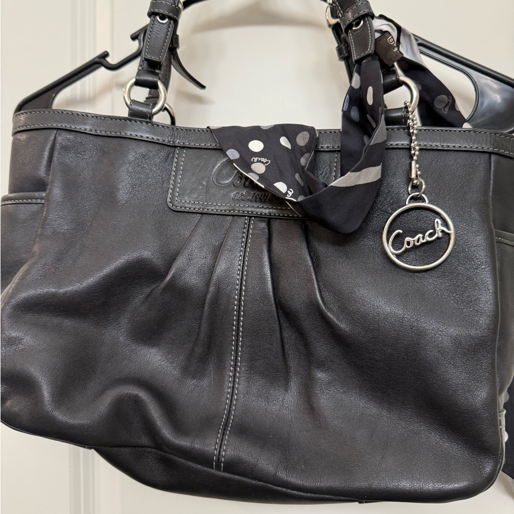 Coach Black Leather Shoulder Bag with Bow Accent